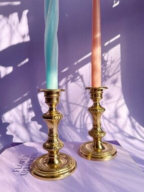 Vintage Shiny Brass Floral Etched Candlesticks